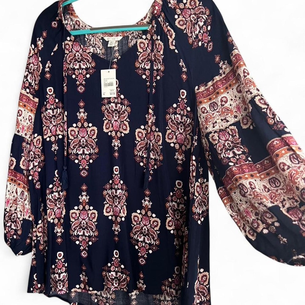 Navy Boho Peasant Blouse with 3/4 Sleeves Women's Size XL